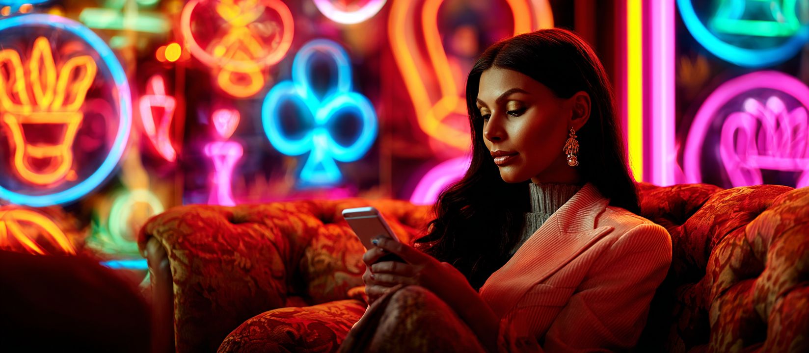 Elegant woman using Kikriya Casino app on her phone with vibrant neon casino lights around