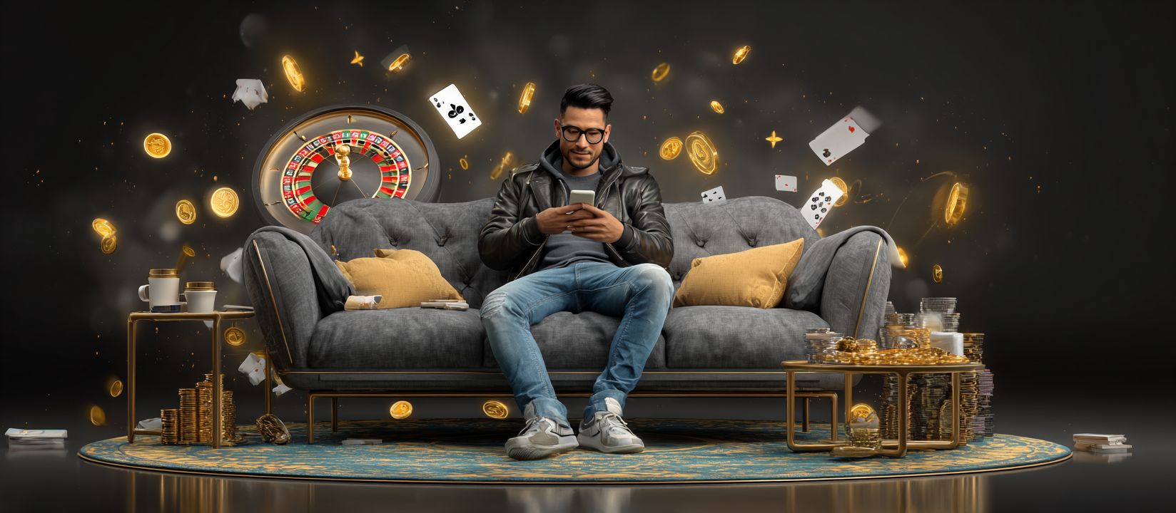 Kikriya App – Play casino games anywhere with the official mobile application Man sitting on sofa playing with Kikriya Casino app surrounded by roulette, cards and golden coins