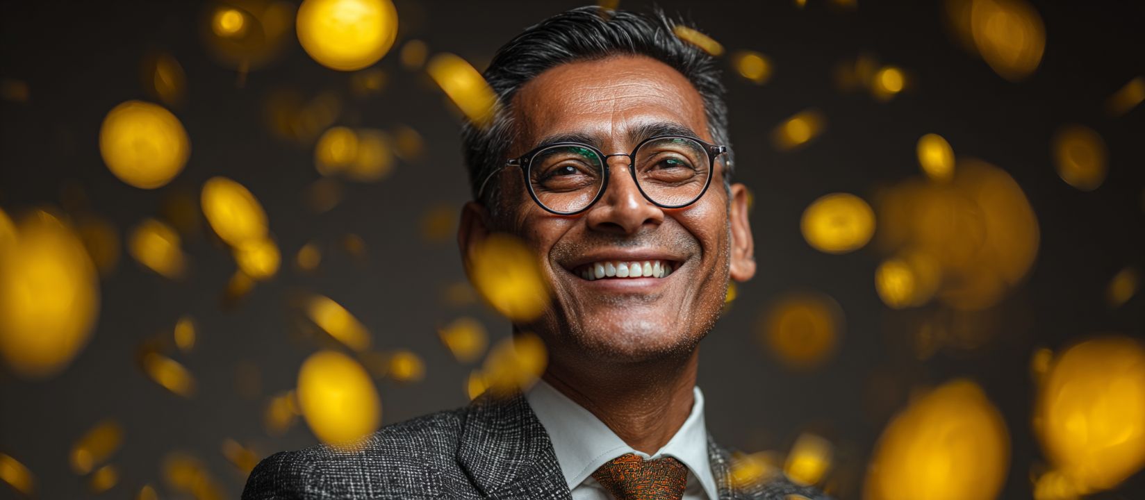 Happy man surrounded by golden coins celebrating Kikriya Casino bonus rewards