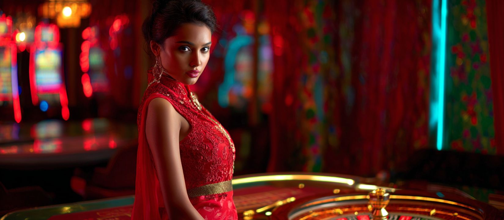 Elegant woman in red dress at Kikriya Casino standing near roulette table with vibrant lights