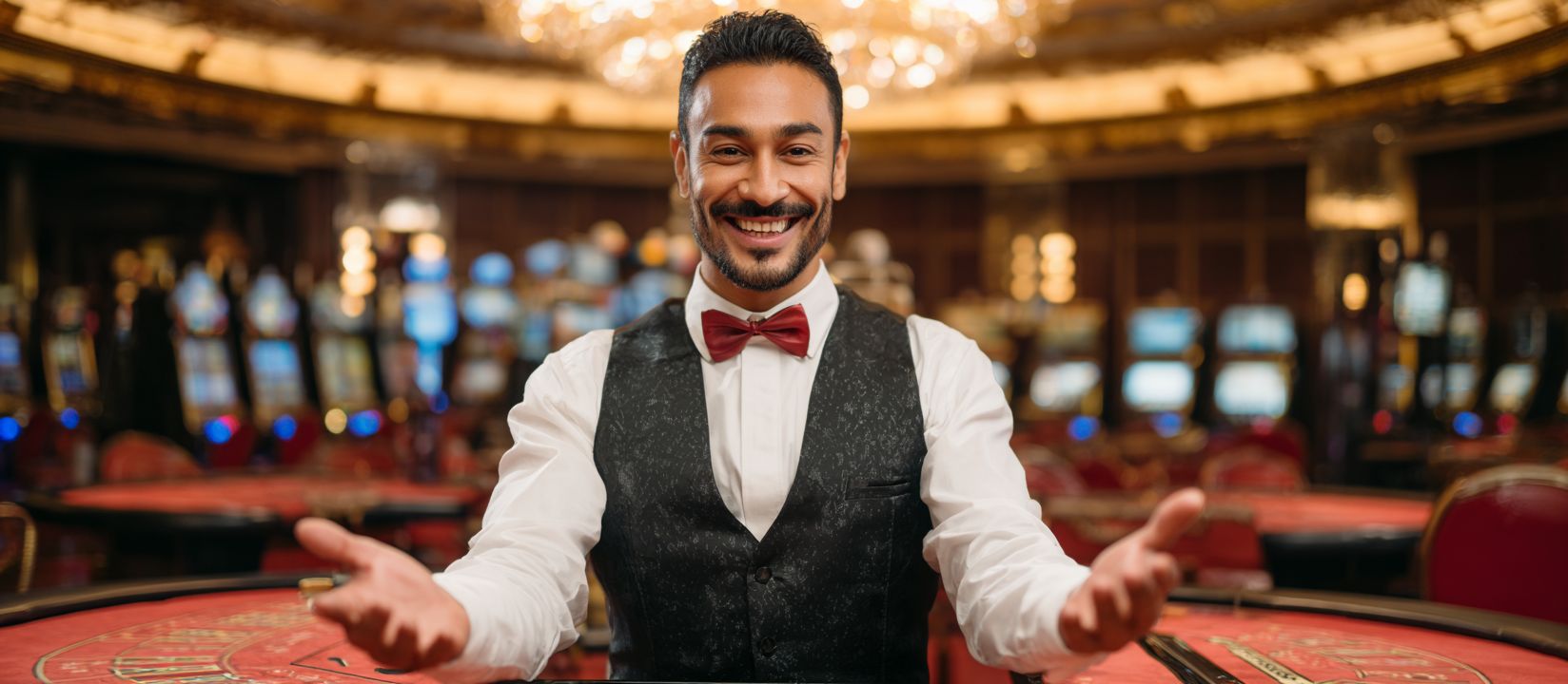 Friendly casino dealer at Kikriya Casino inviting players to log in and start playing