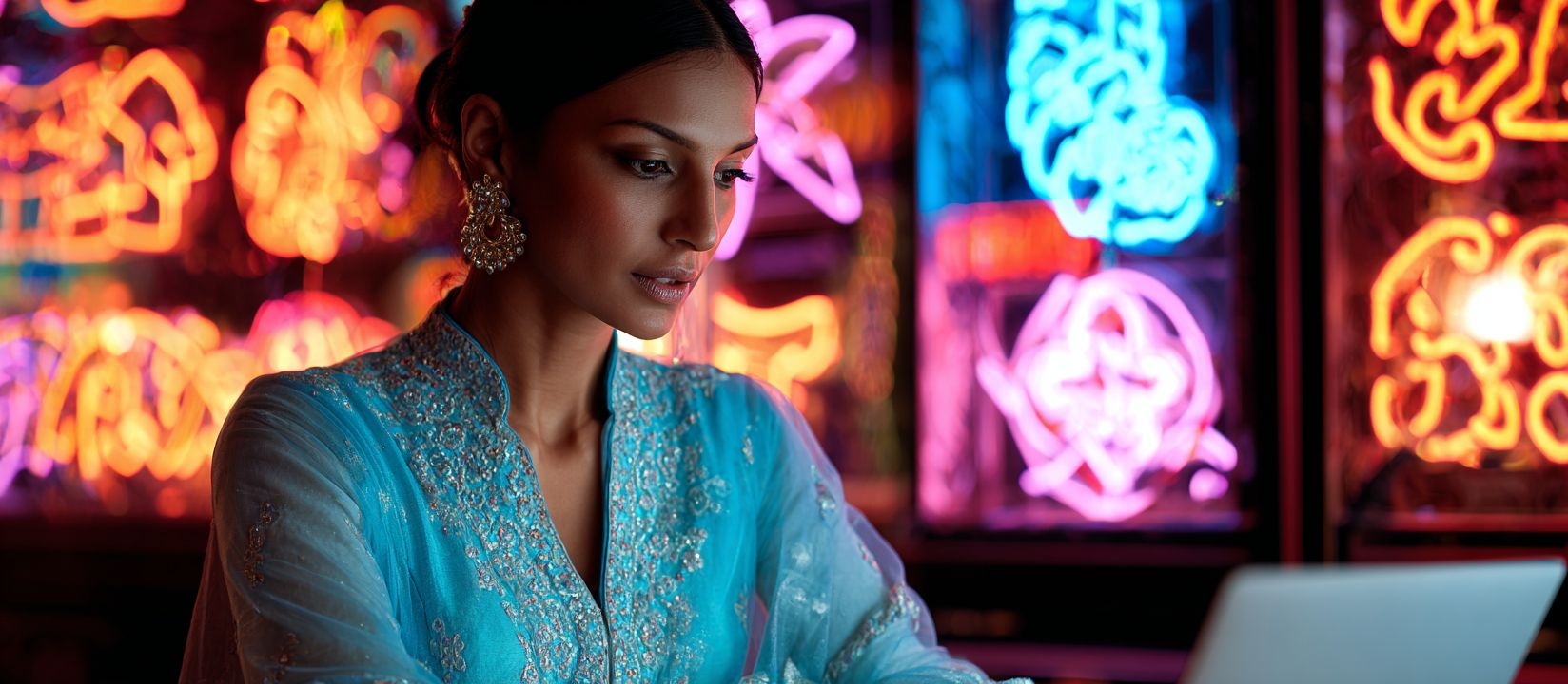Elegant woman in traditional attire enjoying Kikriya Casino experience with glowing neon lights in the background