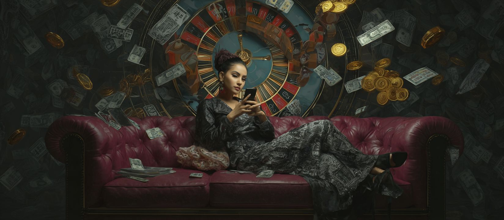 Kikriya App – Download the official mobile application for Android and iOS Stylish woman relaxing with her phone on Kikriya Casino app surrounded by money and roulette backdrop