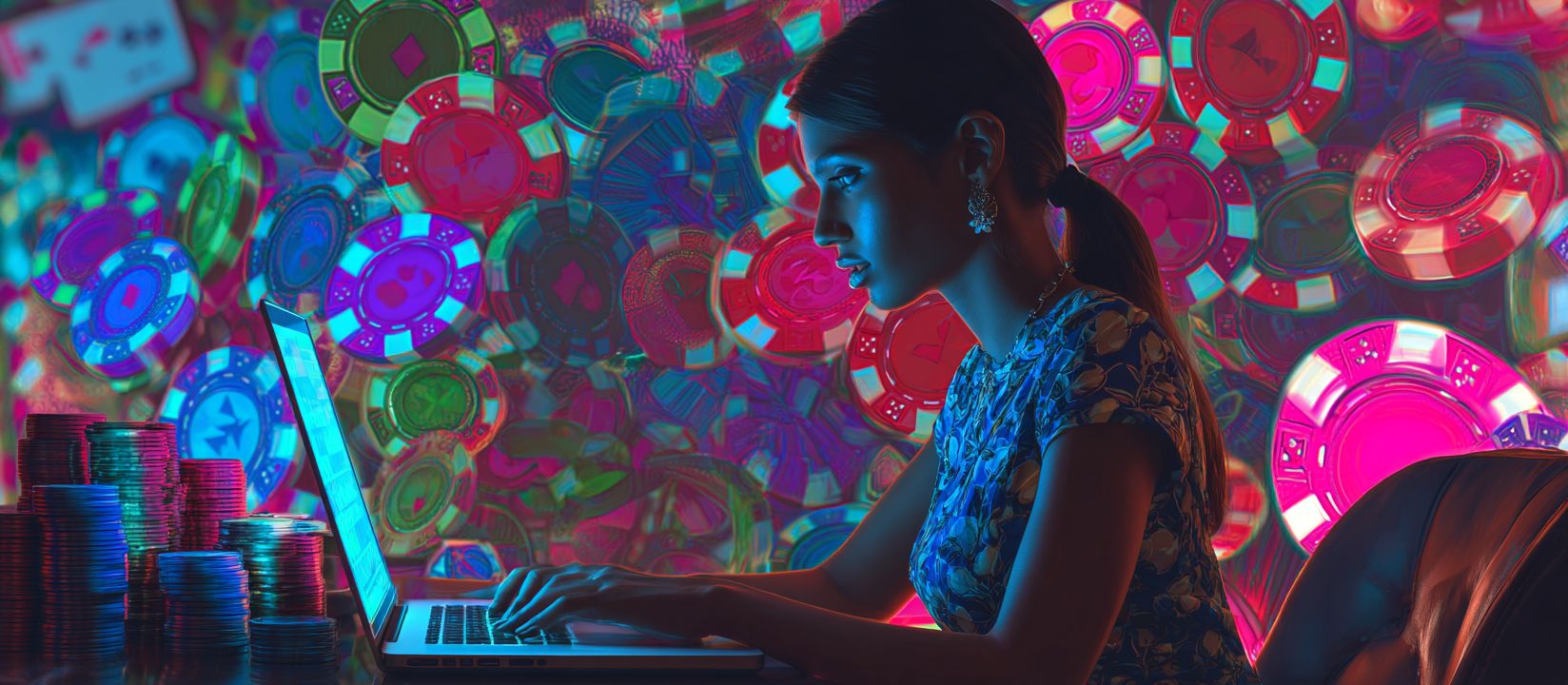 Kikriya Bonus – Claim exciting promotions and exclusive casino offers Woman playing online at Kikriya Casino surrounded by colorful poker chips and bonus rewards