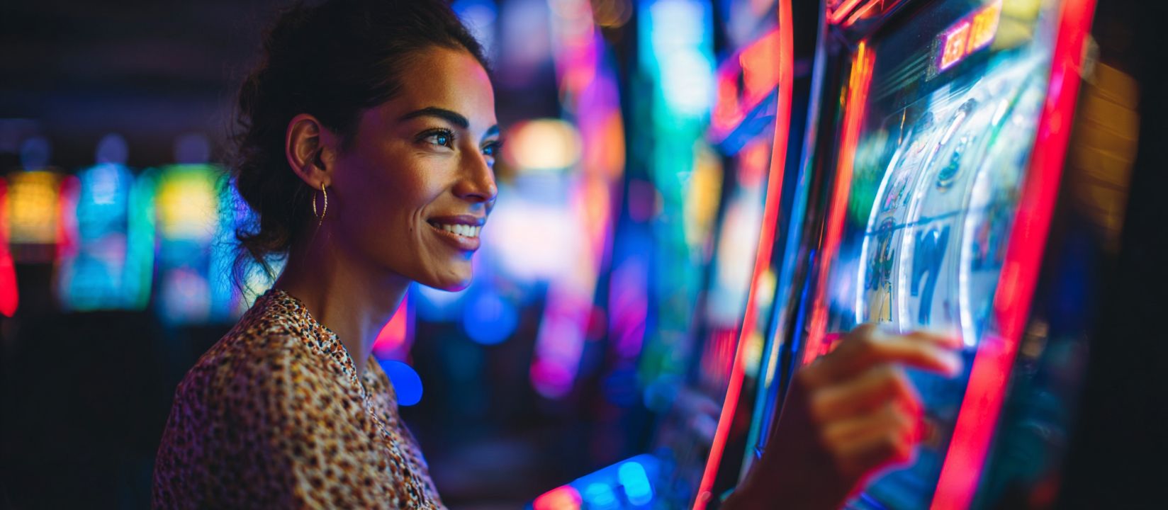 Kikriya Slots – Discover a universe of exciting slot games Woman playing colorful slot machines at Kikriya Casino with vibrant lights around