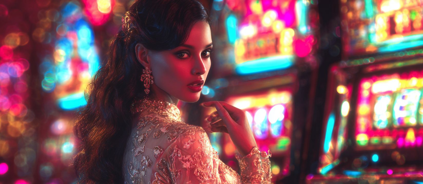 Kikriya Slots – Discover a universe of exciting slot games Woman in elegant traditional attire playing slot machines at Kikriya Casino with glowing screens