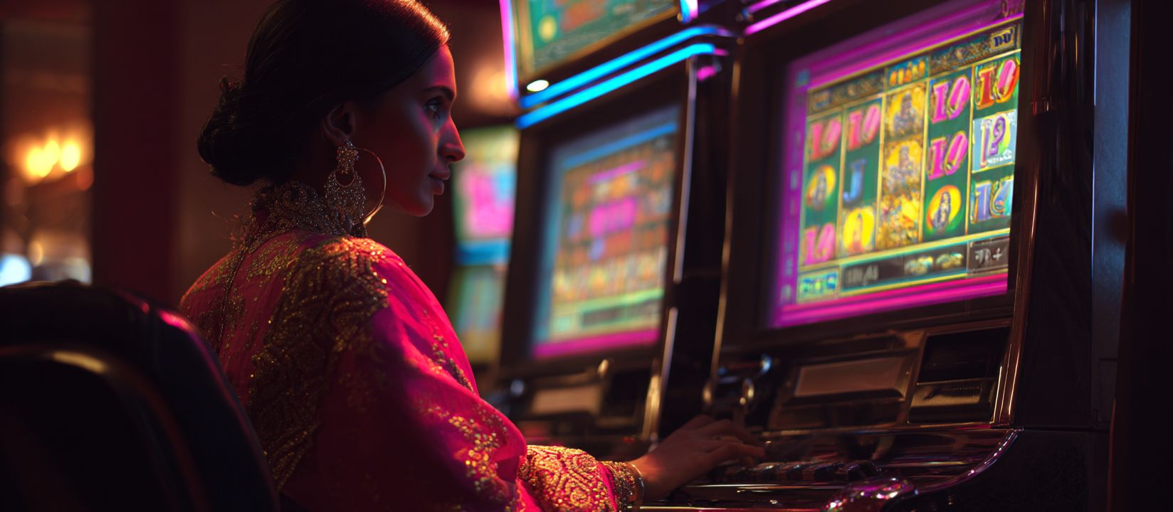 Kikriya Slots – The ultimate destination for online slot games Glamorous woman posing near bright slot machines at Kikriya Casino with vibrant colors